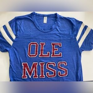 Ole Miss Alternative Earth women’s striped sleeve v-neck jersey t-shirt.